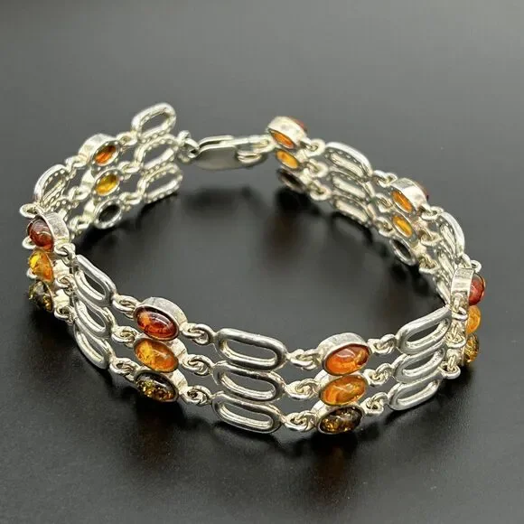 Baltic Amber & Sterling Silver 925 Tri Color Triple Strand Bracelet 7.5in - Picture 1 of 13